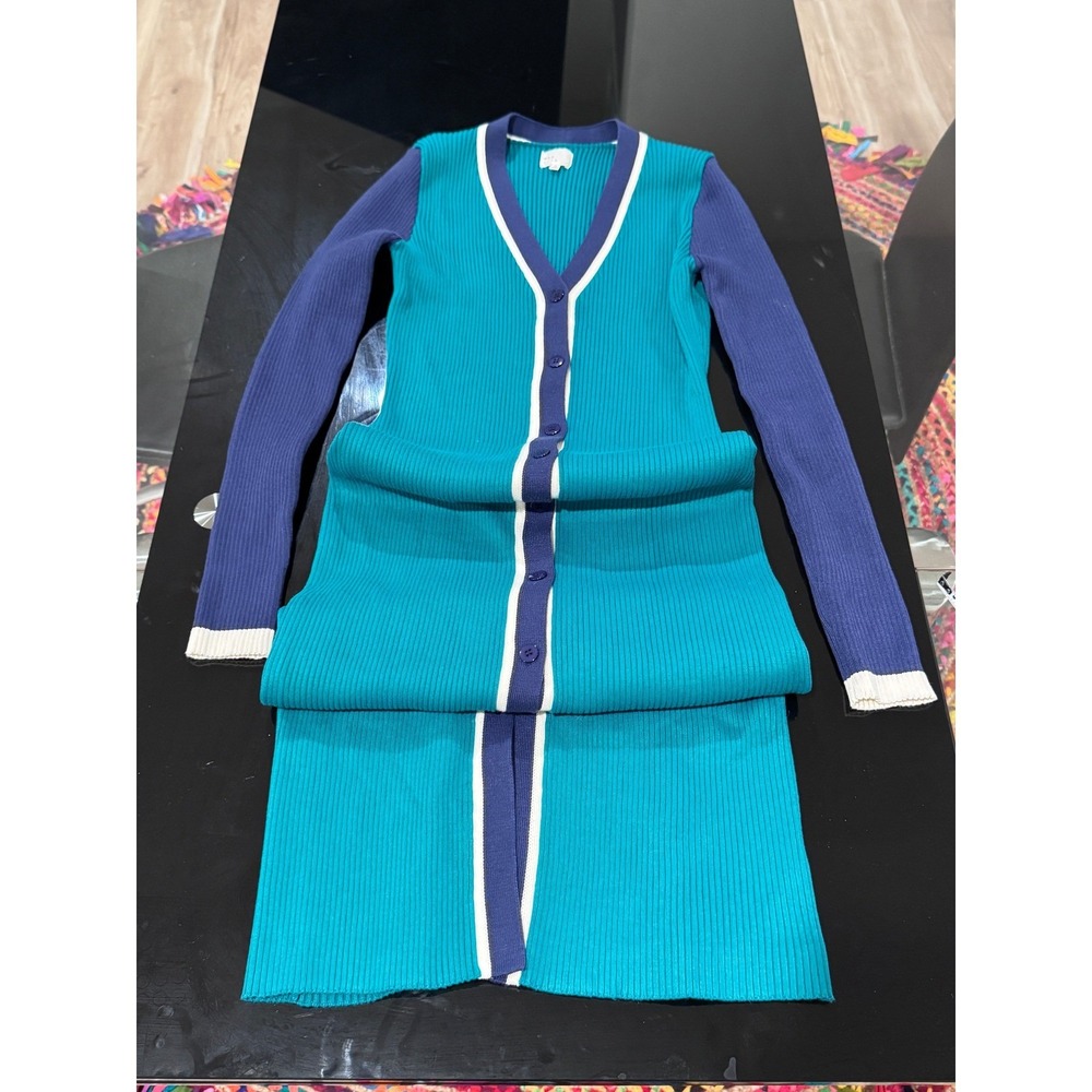 Dee Elly Teal Blue Purple Ribbed Knit Maxi Dress V Neck Cardigan M o2 - Picture 3 of 8